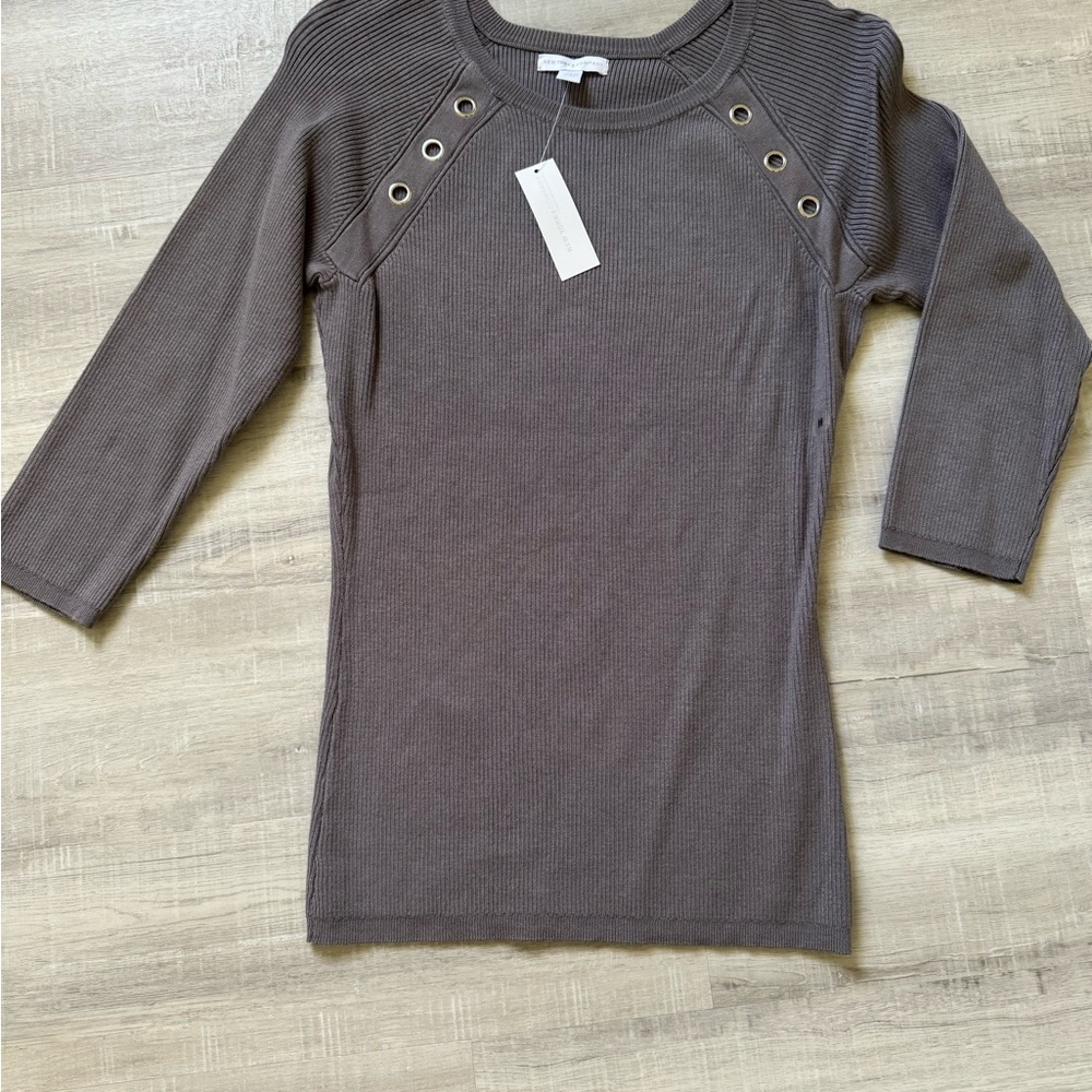 Gray Ribbed Sweater with Grommet Detail
